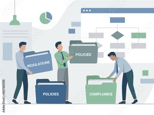 Businessmen organizing regulations policies and compliance documents.