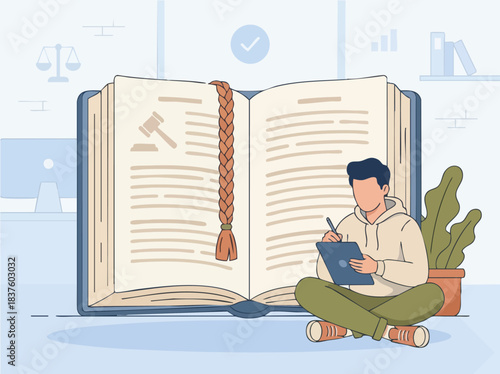 Man studying law with a large open book and taking notes.