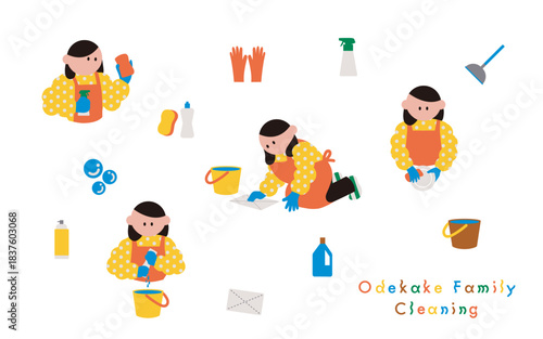 様々な掃除や家事をする女性と用具のアイコンセット