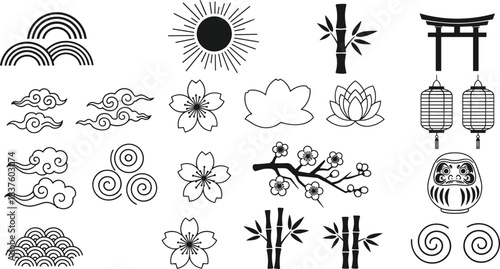 Traditional Japanese Asian Nature and Cultural Symbols Silhouette Vector Set, Including Wave Clouds Sun Bamboo Cherry Blossom Flowers Lotus Torii Gate Lanterns and Daruma Doll Designs