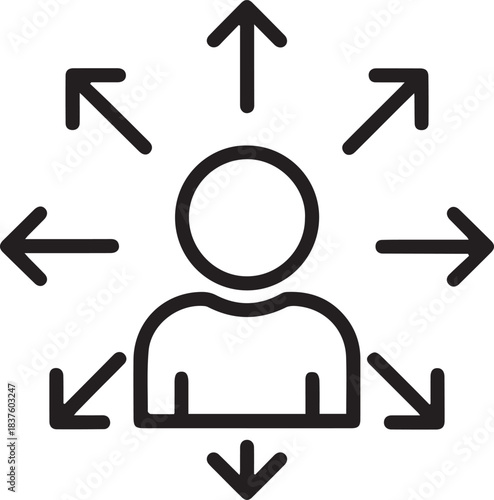 Dynamic icon representing user focus and distributed outreach signaling multi channel marketing strategy or leadership influence