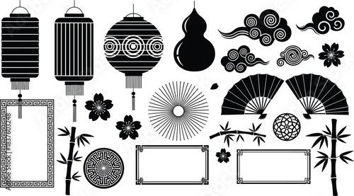 Definitive Oriental Vector Art Collection, Featuring Colorful Botanical Elements, Japanese Lanterns, Traditional Frames, Plum Blossom, Bamboo, Cloud Patterns, and Chinese New Year Icons