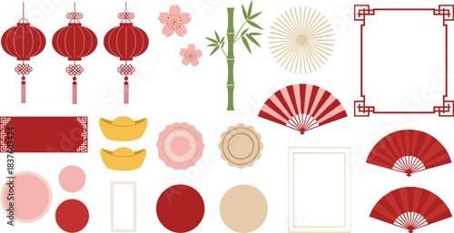 Definitive Oriental Vector Graphic Collection, Featuring Colorful Botanical Elements, Japanese Lanterns, Traditional Frames, Plum Blossom, Bamboo, Cloud Patterns, and Chinese New Year Icons