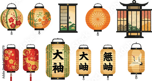 Ultimate Oriental Vector Art Collection, Featuring Colorful Botanical Elements, Japanese Lanterns, Traditional Frames, Plum Blossom, Bamboo, Cloud Patterns, and Black-and-White Icons