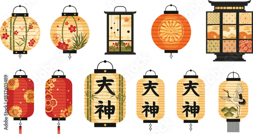 Ultimate Oriental Vector Graphic Collection, Featuring Colorful Botanical Elements, Japanese Lanterns, Traditional Frames, Plum Blossom, Bamboo, Cloud Patterns, and Black-and-White Icons