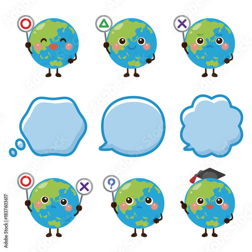 ○×△の札を持った地球のキャラクターイラスト／Cute Earth Character Holding Small Sign Boards with O, X, and Triangle Symbols