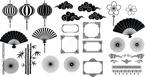 Comprehensive Asian Vector Art Collection, Featuring Colorful Botanical Elements, Black-and-White Cultural Icons, Chinese Lanterns, Cherry Blossom, and Traditional Frames