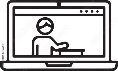 Modern outline icon depicts virtual meeting or online learning session displayed clearly on a laptop screen for digital communication concepts