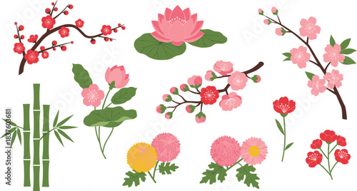 Complete Oriental Botanical Vector Set, Featuring Plum Blossom, Cherry Blossom, Serene Lotus, Bamboo, and Vibrant Chrysanthemum; Traditional Minimalist Japanese Art Illustration