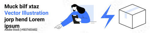 Logistics, packaging, energy, technology, delivery system. A woman holds a file and points, accompanied by a lightning bolt and box icon. Logistics and packaging system