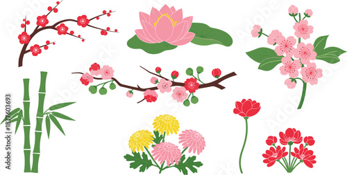 Traditional Oriental Botanical Vector Collection, Including Plum Blossom, Cherry Blossom, Serene Lotus, Bamboo, and Vibrant Chrysanthemum; Minimalist Japanese Design