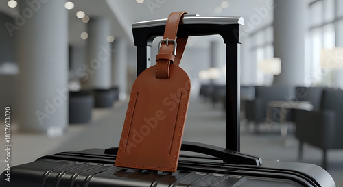 Elegant brown leather luggage tag securely fastened to a modern black suitcase handle inside a bright airport lounge setting
