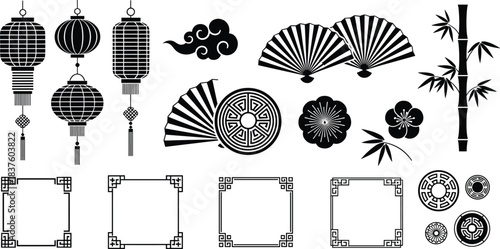 Elegant Black Silhouette Collection of Traditional Chinese and Japanese Cultural Elements: Decorative Lanterns, Folding Fans, Auspicious Clouds, Plum Blossom Flowers, Bamboo Shoots, and Greek 
