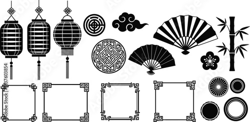 Traditional Asian Culture Elements Collection: Decorative Chinese Lanterns, Elegant Hand Fans, Bamboo Stalks, Plum Blossom Flower, and Classic Geometric Border Frames Vector