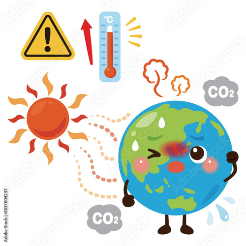 温暖化で暑がる地球のキャラクターイラスト／Cute Earth Character Illustration Suffering from Global Warming Heat