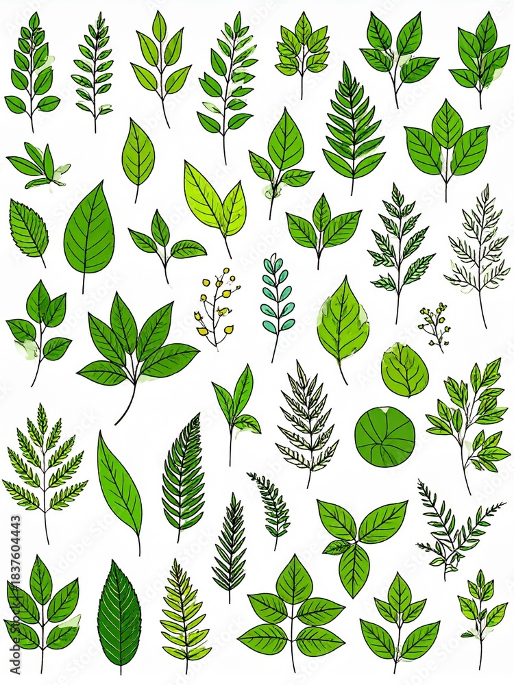Naklejka premium A collection of various hand-drawn green leaves and botanical elements on a white background.
