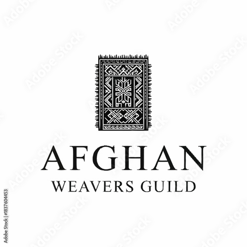 Afghan Weavers Guild logo featuring a traditional patterned rug design in black and white.