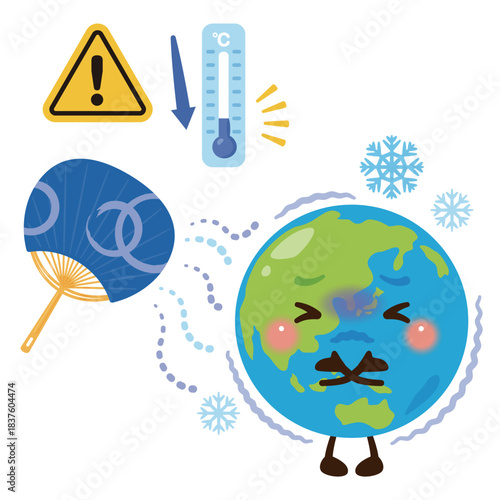 寒冷化で寒がる地球のキャラクターイラスト／Cute Earth Character Illustration Feeling Cold from Global Cooling