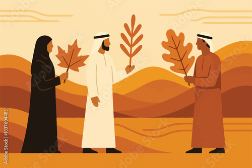 Abstract UAE September Equinox scene with flowing sun and moon shapes stylized dunes and minimal seasonal design