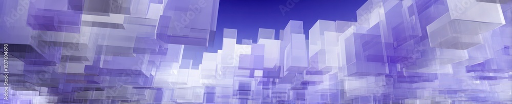 Fototapeta premium A cityscape of abstract, transparent, geometric blocks in shades of purple and white against a blue sky