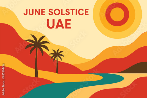 Geometric UAE June Solstice illustration with stylized desert sun shapes and simplified seasonal composition