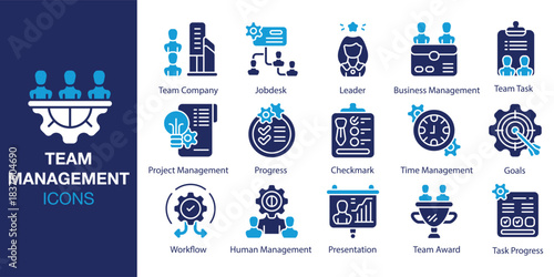 Team Management Icon set. Containing coordination, planning, strategy, motivation, productivity and more. Solid vector icons collection. Vector illustration.