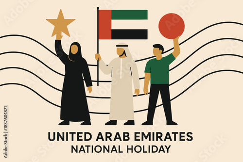 Modern United Arab Emirates national holiday artwork featuring abstract shapes simplified people and clean bold celebratory themed elements