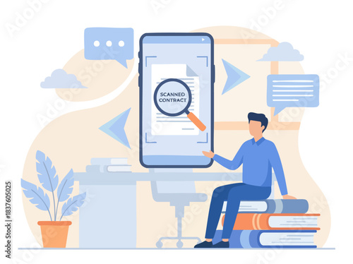 Man reviewing contract on smartphone, digital document analysis.