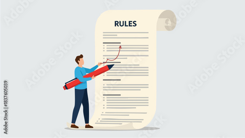 Man with Giant Pencil Writing on a Scroll of Rules.