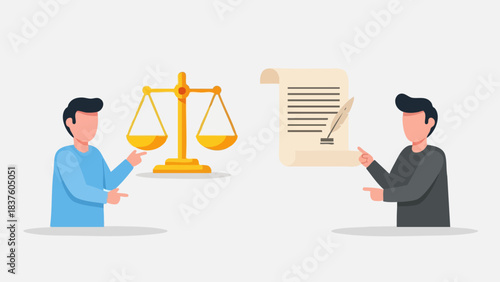 Two men discussing legal matters with scales of justice and a signed document.