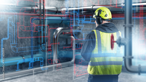 Canvas Print Ventilation technician inspects HVAC pipelines, comparing real duct routes with digital airflow schemes to ensure proper installation, system safety, and ventilation performance