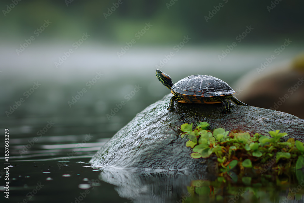 Obraz premium a turtle sitting on a rock in the water