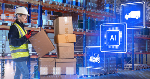 Φωτογραφία Logistics worker organizes warehouse packages using a mobile device, applying AI-driven tools to optimize inventory handling, shipment routing, and storage operations