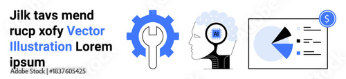 Wrench in front of a gear, human head exploring innovation, and pie chart representing growth. Ideal for technology, decision-making, business, finance, process management, innovation simple landing