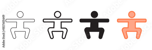 Set of minimalist exercise icons with transparent background, depicting people squatting for fitness apps, gym branding, and health content, vector illustration
