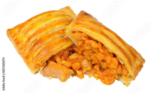 Sausage and baked bean cheese melt baked slices in crispy puff pastry isolated on a white background