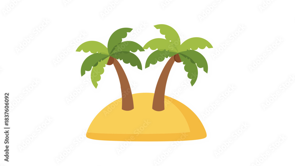 Fototapeta premium Cartoon Style Tropical Island with Two Palm Trees and Sandy Beach Minimalist Simple Flat Design Isolated on Black Background