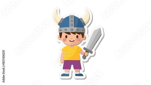 Cartoon Boy Dressed As A Viking Warrior Wearing A Helmet Holding A Sword With Horns On A Transparent Background