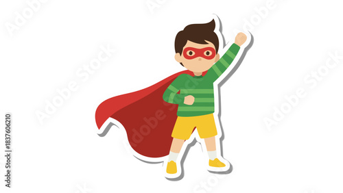 Cartoon Boy Superhero Wearing Red Cape Green Striped Shirt Yellow Shorts and Red Mask Posing Confidently Against Black Background