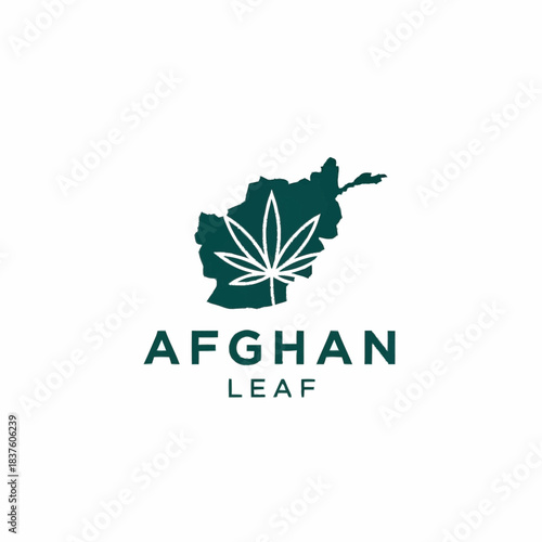A dark green silhouette map of Afghanistan with a white cannabis leaf outline inside, and "AFGHAN LEAF" text below.