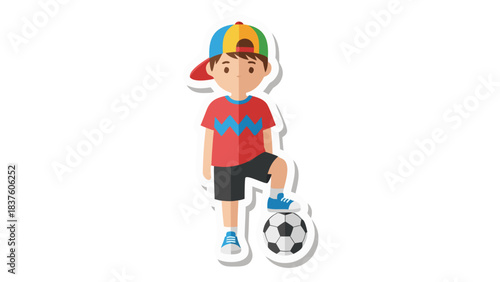 Cartoon Boy Wearing A Red T Shirt And Grey Shorts With A Multicolored Baseball Cap And A Soccer Ball At His Feet In Flat Design Style