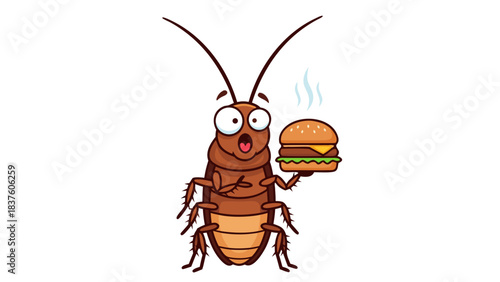 Cartoon Cockroach Character Holding a Hamburger Meal with Steam Rising on a Black Background Pixel Art Style