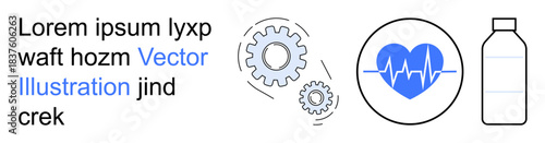 Technology innovation, healthcare monitoring, fitness, hydration, engineering concepts, environmental awareness. Gears and heart with pulse icon next to a bottle. Technology innovation and healthcare