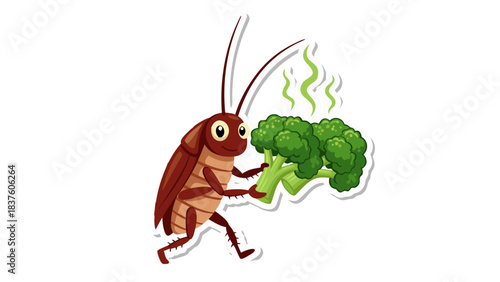 Cartoon Cockroach Character Holding Fresh Broccoli Florets with Green Steam Rising Against a Black Background Detailed Illustration