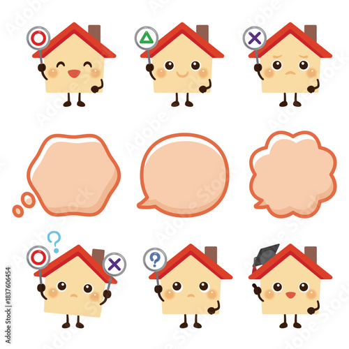 ○×△の札を持った家のキャラクターイラスト／Cute House Character Holding Small Sign Boards with O, X, and Triangle Symbols