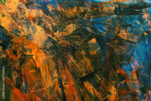 Abstract vivid colorful brush stroke patterns blend together to form a dynamic textured artistic grunge styled painted background	