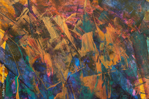 Abstract vivid colorful brush stroke patterns blend together to form a dynamic textured artistic grunge styled painted background	