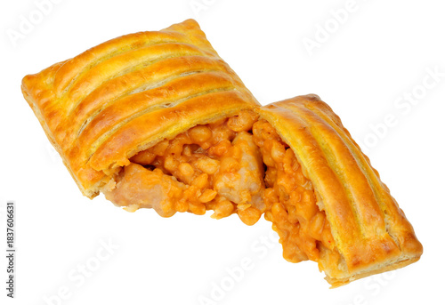 Sausage and baked bean cheese melt baked slices in crispy puff pastry isolated on a white background