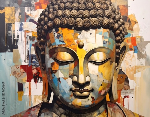 Close-up of a serene Buddha statue with abstract colorful background
