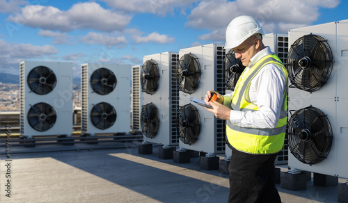 Foto HVAC maintenance technician inspects rooftop cooling units, noting fan performance and system status to support efficient commercial climate control operations